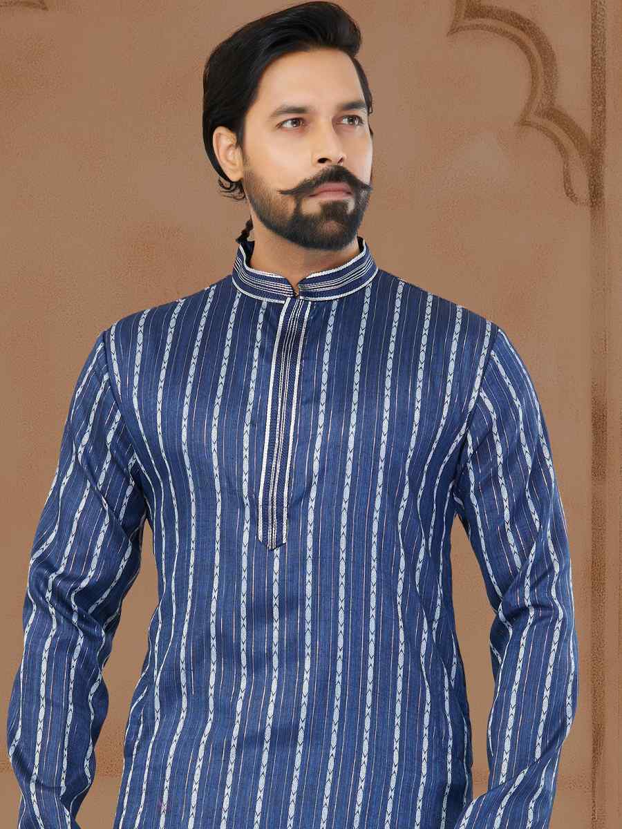 Blue Linen Cotton Printed Festival Mens Kurta