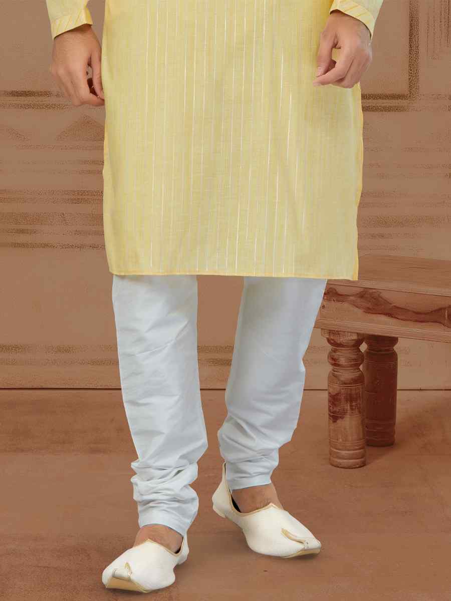 Yellow Linen Cotton Printed Festival Mens Kurta