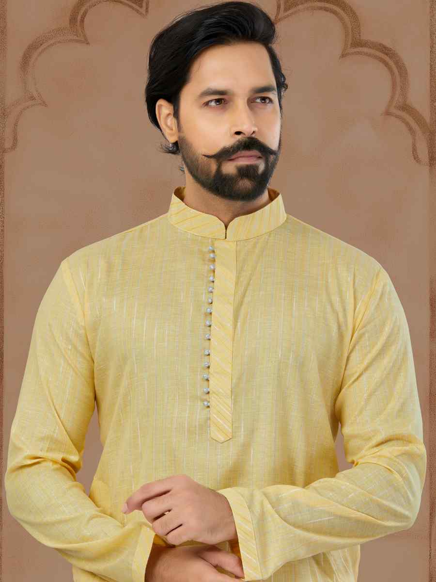 Yellow Linen Cotton Printed Festival Mens Kurta