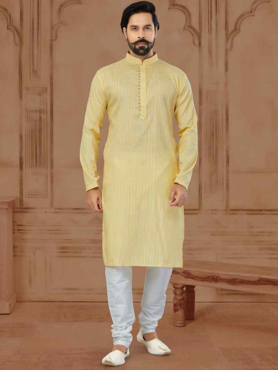 Yellow Linen Cotton Printed Festival Mens Kurta