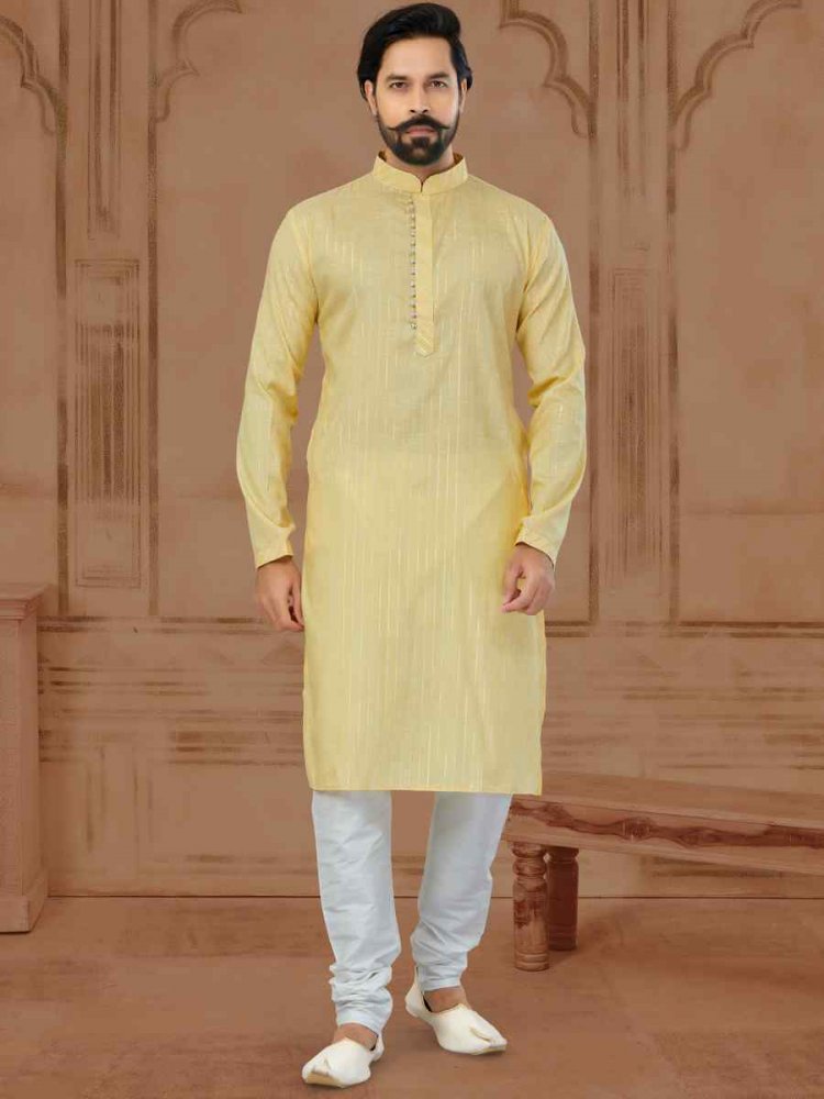 Yellow Linen Cotton Printed Festival Kurta