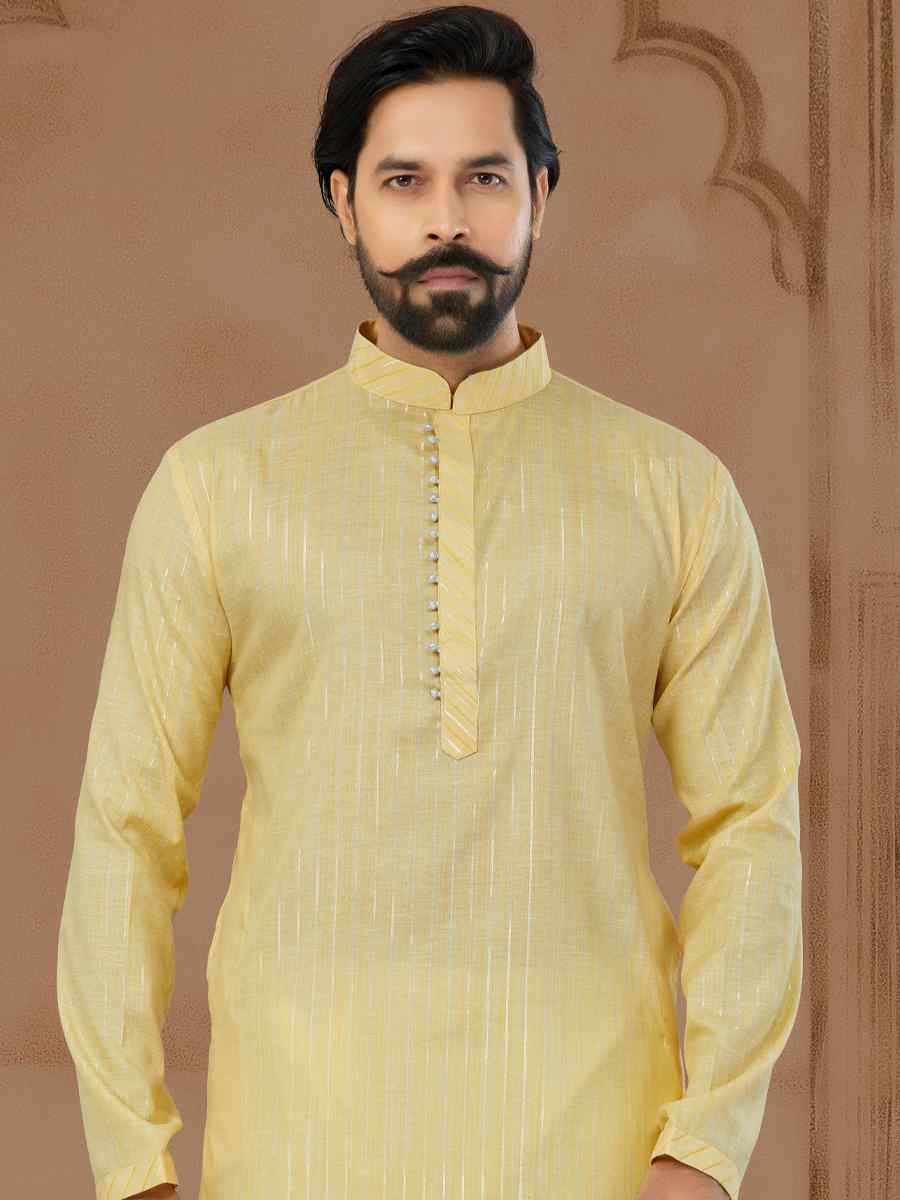Yellow Linen Cotton Printed Festival Mens Kurta