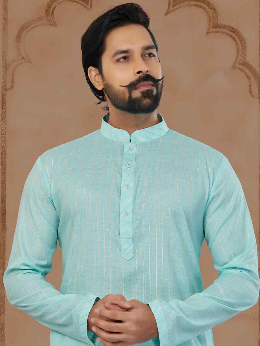 Firozi Linen Cotton Printed Festival Mens Kurta