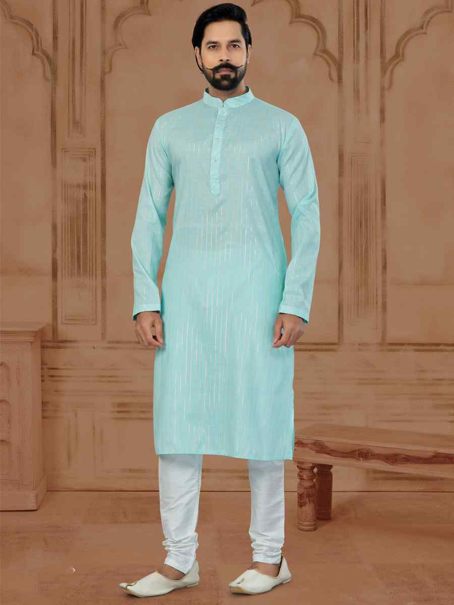 Firozi Linen Cotton Printed Festival Mens Kurta