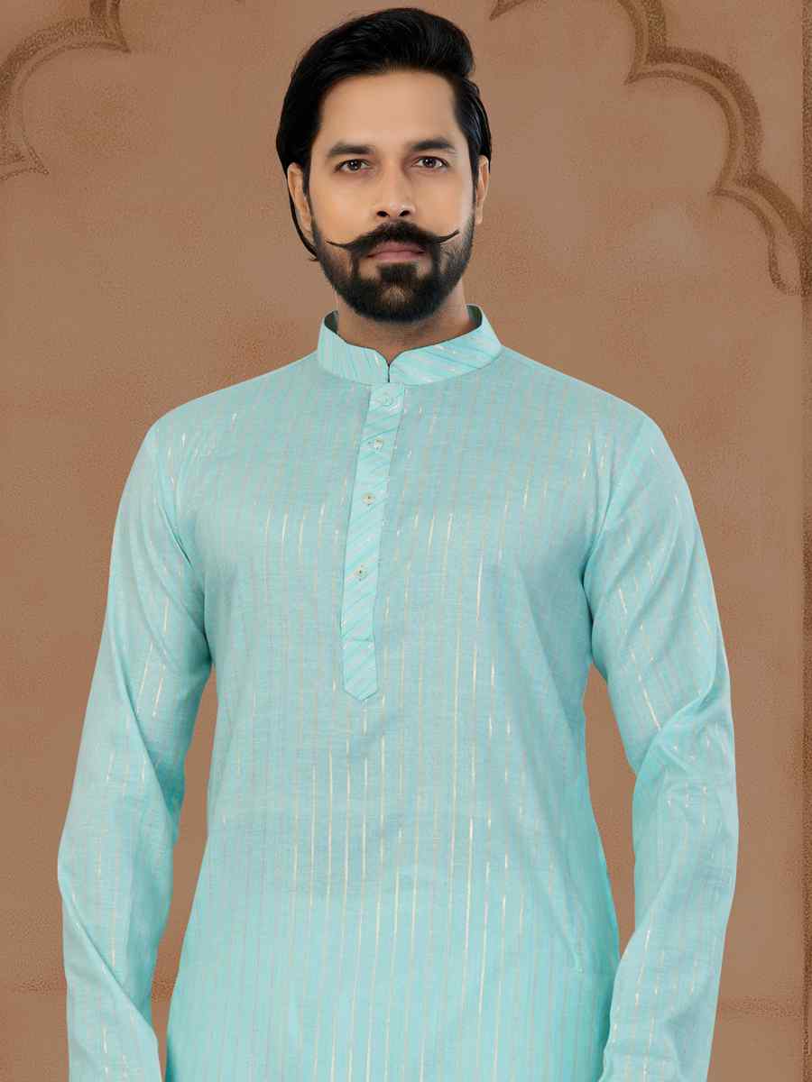 Firozi Linen Cotton Printed Festival Mens Kurta