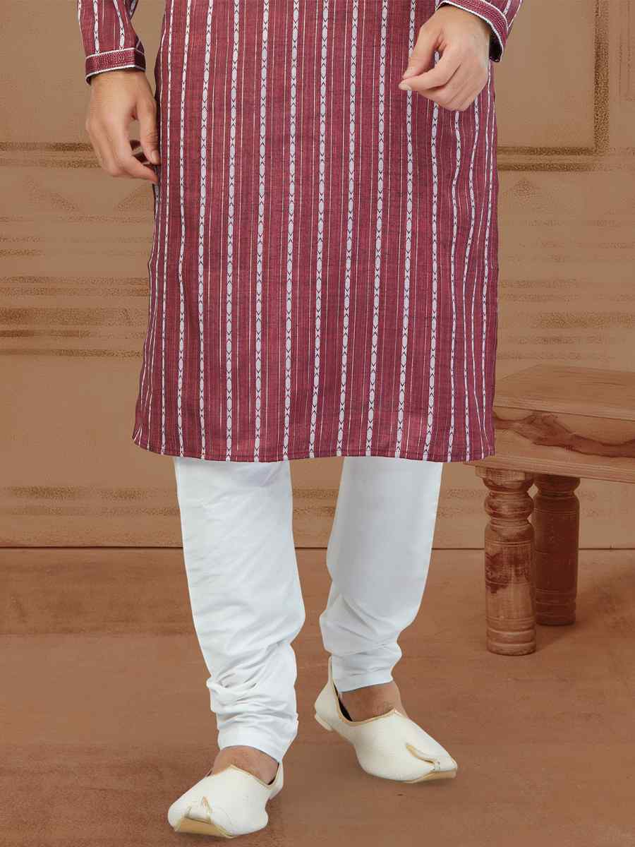 Dark Maroon Linen Cotton Printed Festival Mens Kurta