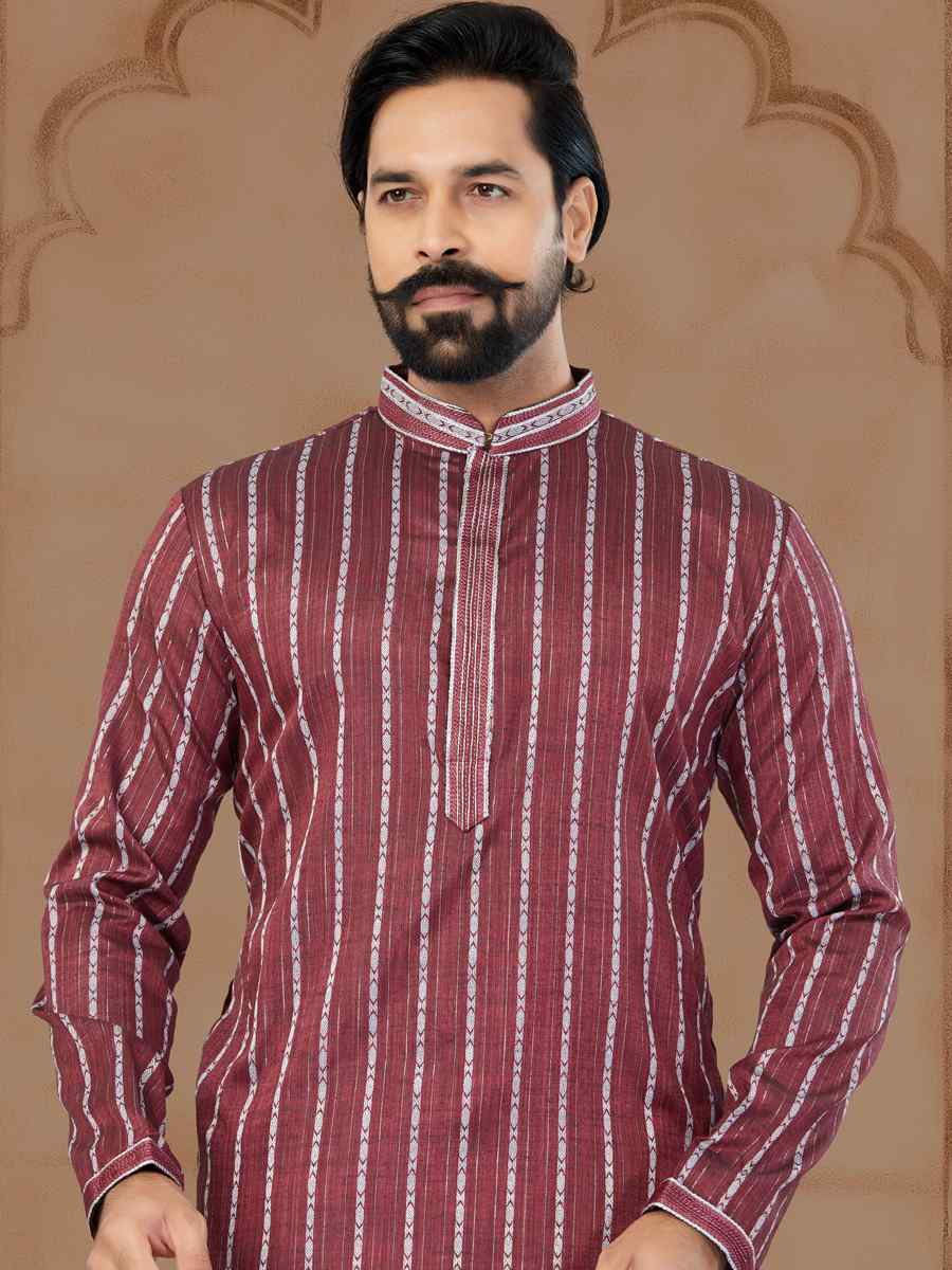 Dark Maroon Linen Cotton Printed Festival Mens Kurta