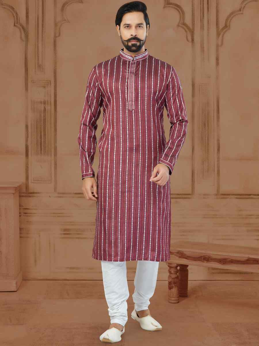 Dark Maroon Linen Cotton Printed Festival Mens Kurta