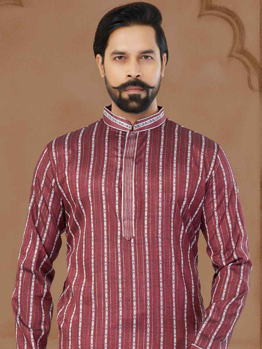 Dark Maroon Linen Cotton Printed Festival Mens Kurta