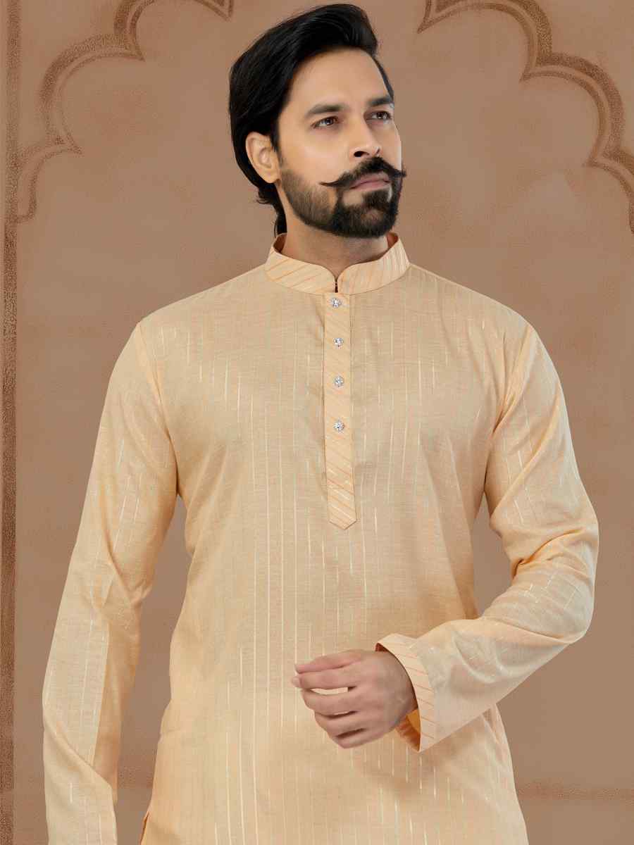 Beige Linen Cotton Printed Festival Mens Kurta
