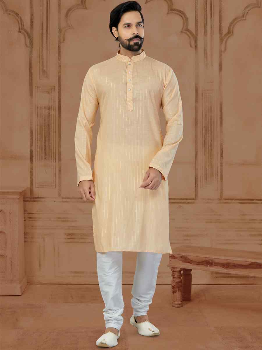 Beige Linen Cotton Printed Festival Mens Kurta