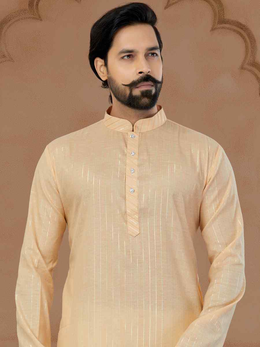 Beige Linen Cotton Printed Festival Mens Kurta