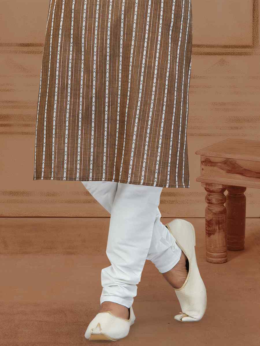 Coffee Linen Cotton Printed Festival Mens Kurta