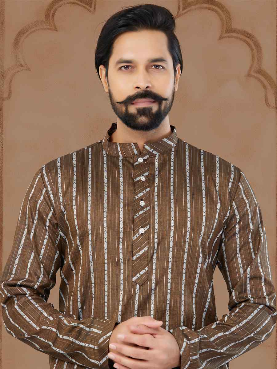 Coffee Linen Cotton Printed Festival Kurta