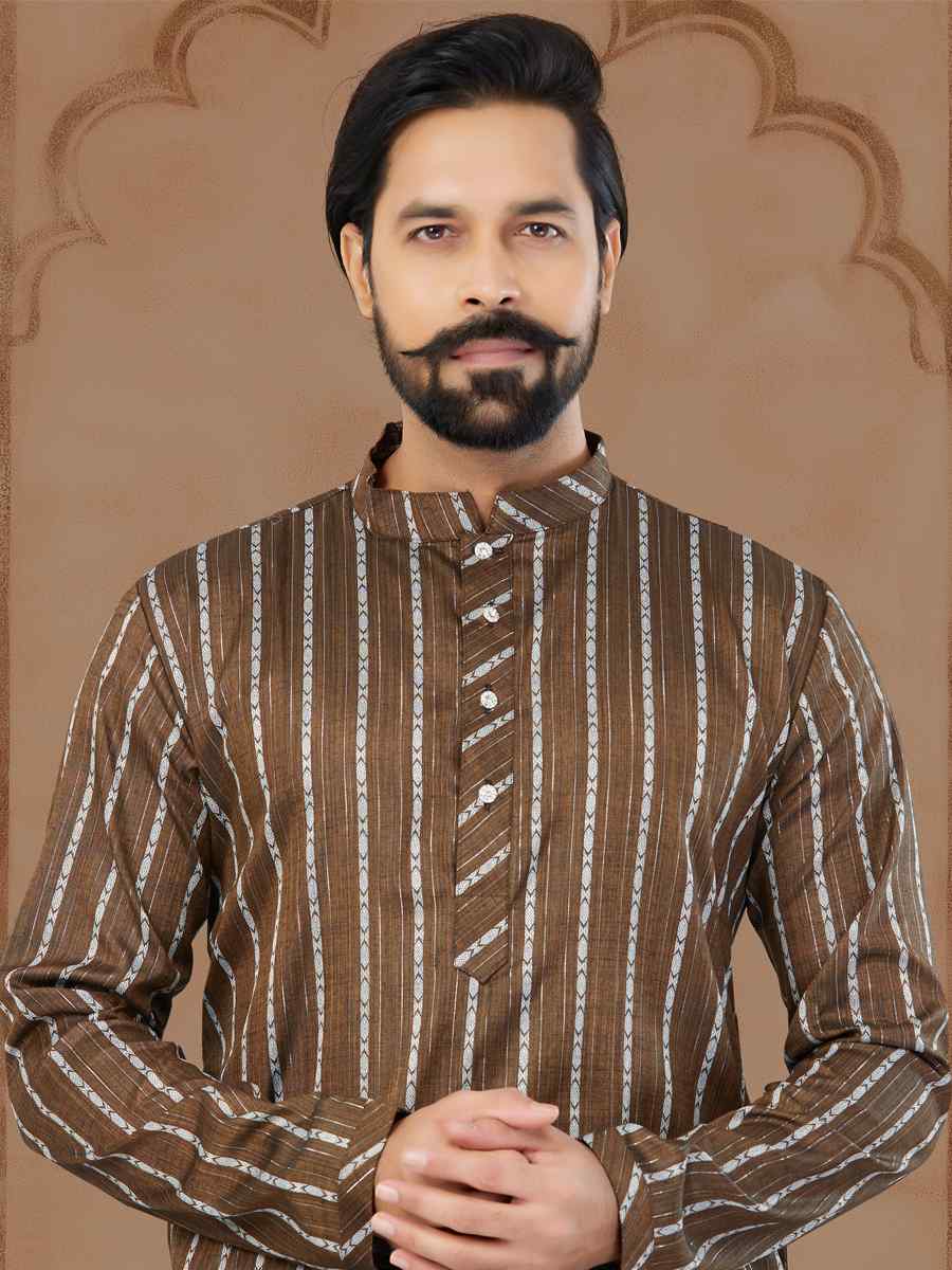 Coffee Linen Cotton Printed Festival Mens Kurta