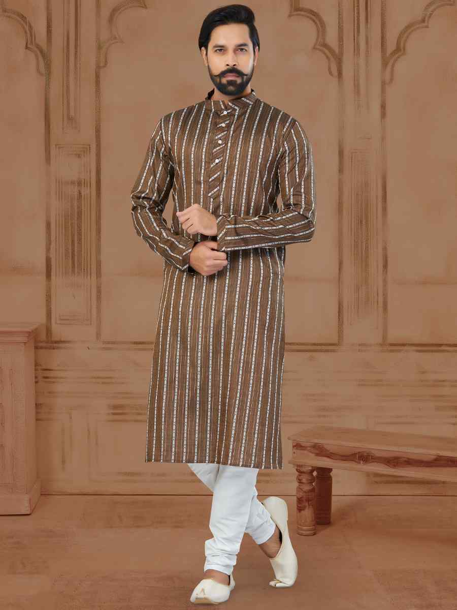 Coffee Linen Cotton Printed Festival Mens Kurta