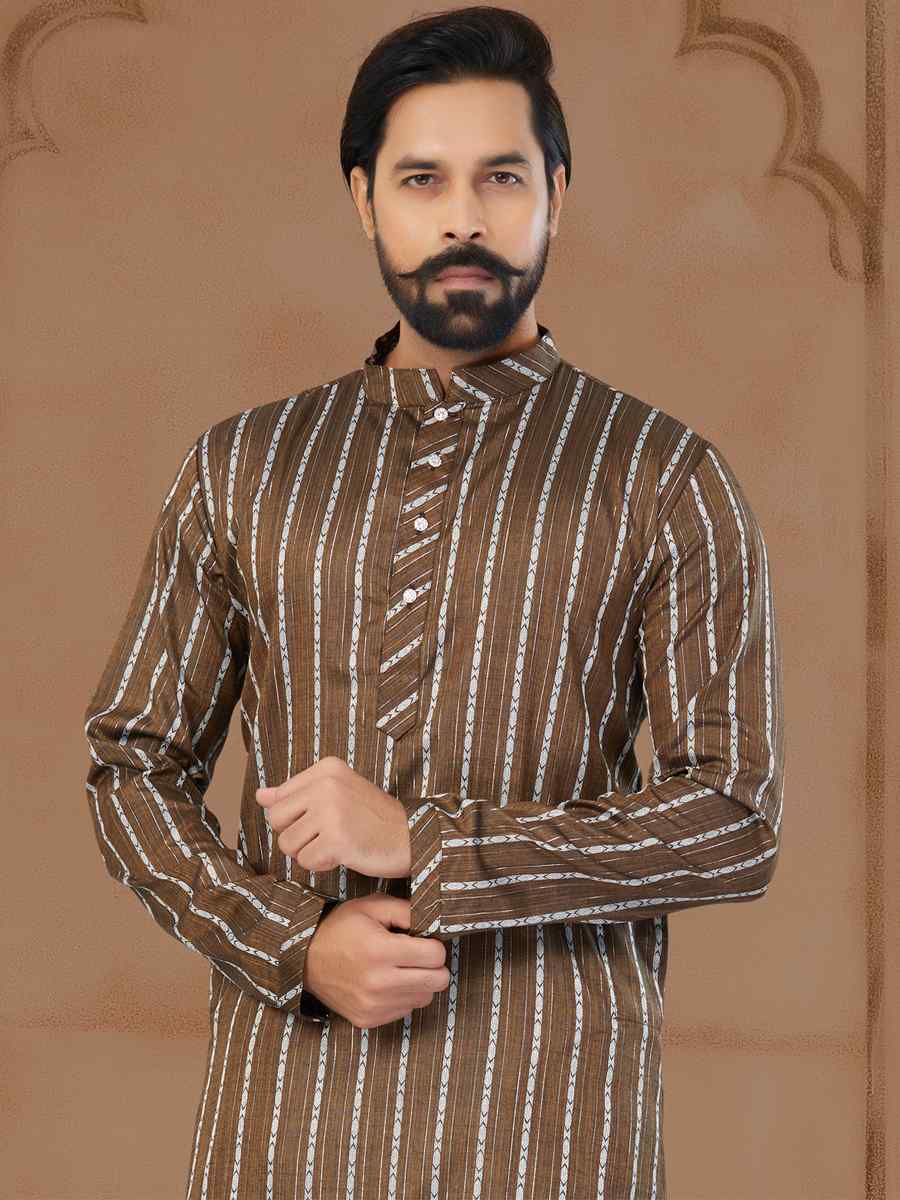 Coffee Linen Cotton Printed Festival Mens Kurta