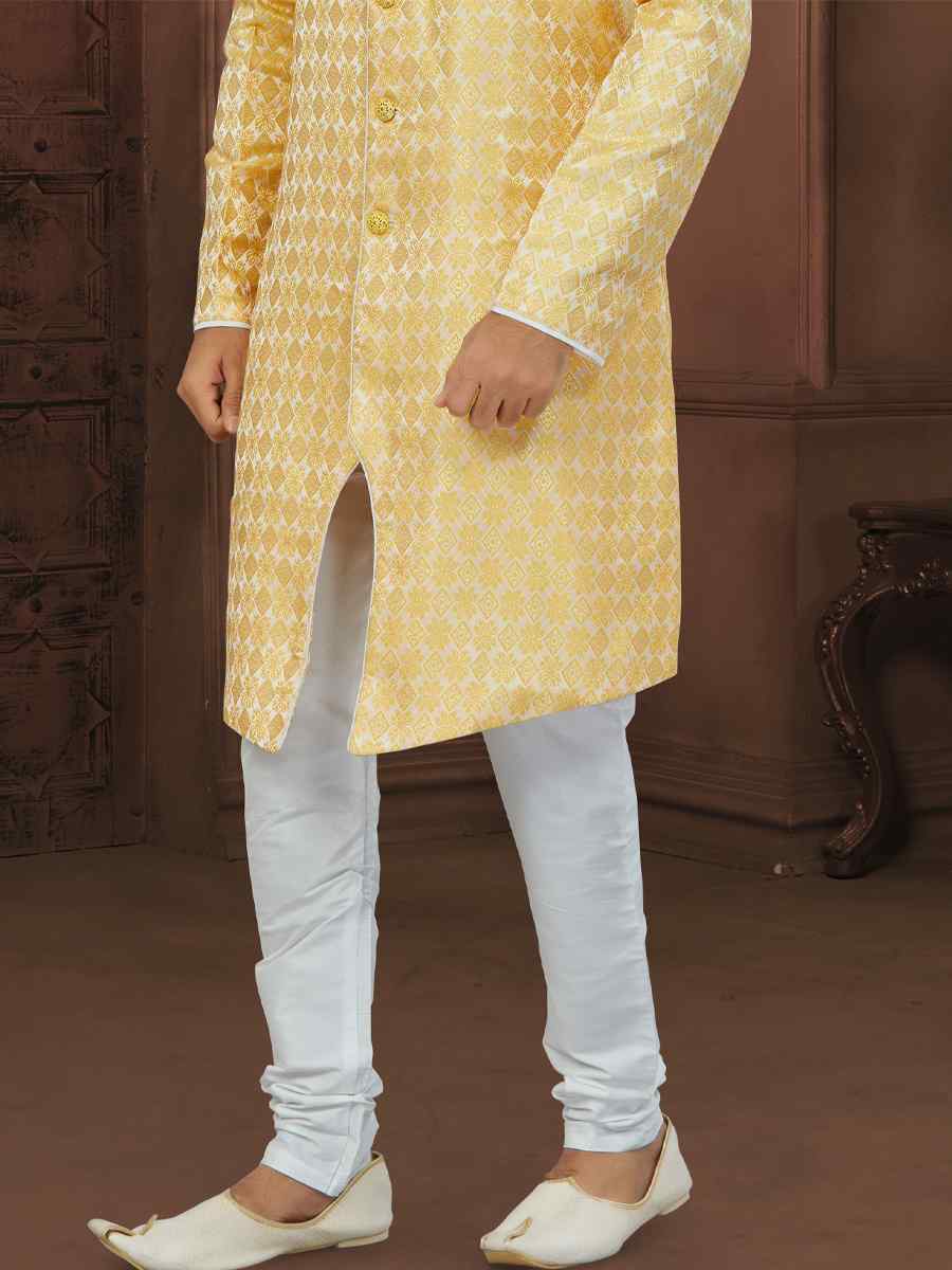 Yellow Banarasi Jacquard Embroidered Wedding Groom Sherwani