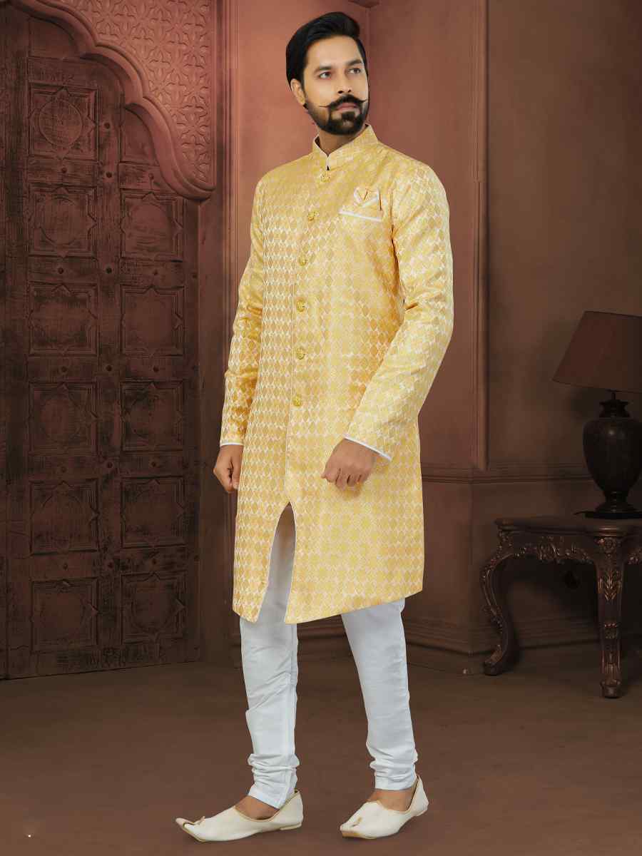 Yellow Banarasi Jacquard Embroidered Wedding Groom Sherwani