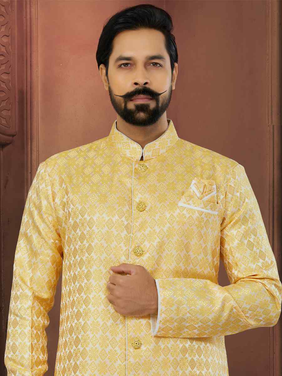 Yellow Banarasi Jacquard Embroidered Wedding Groom Sherwani