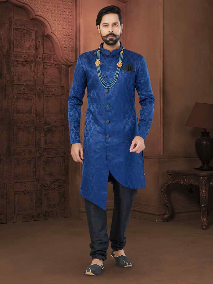 Nevy Blue Soft Jacquard Embroidered Wedding Groom Sherwani