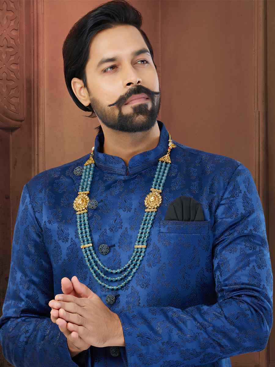 Nevy Blue Soft Jacquard Embroidered Wedding Groom Sherwani