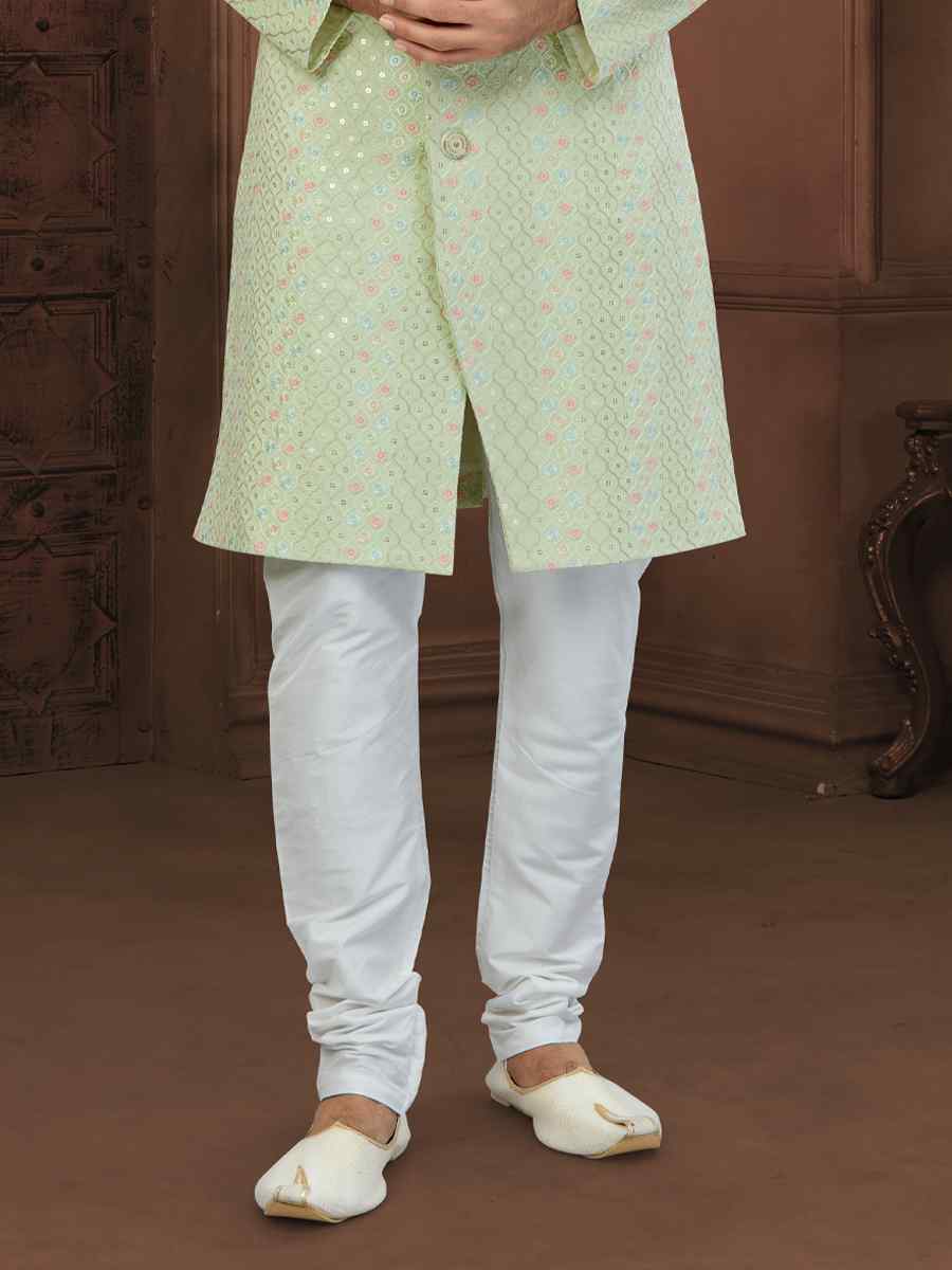 Pista Green Chikankari Lucknawi Embroidered Wedding Groom Sherwani