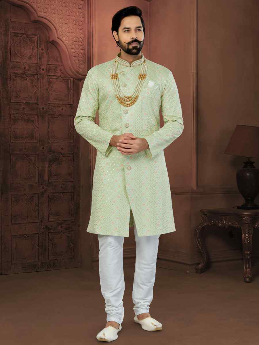 Pista Green Chikankari Lucknawi Embroidered Wedding Groom Sherwani