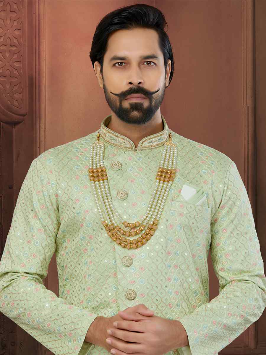 Pista Green Chikankari Lucknawi Embroidered Wedding Groom Sherwani