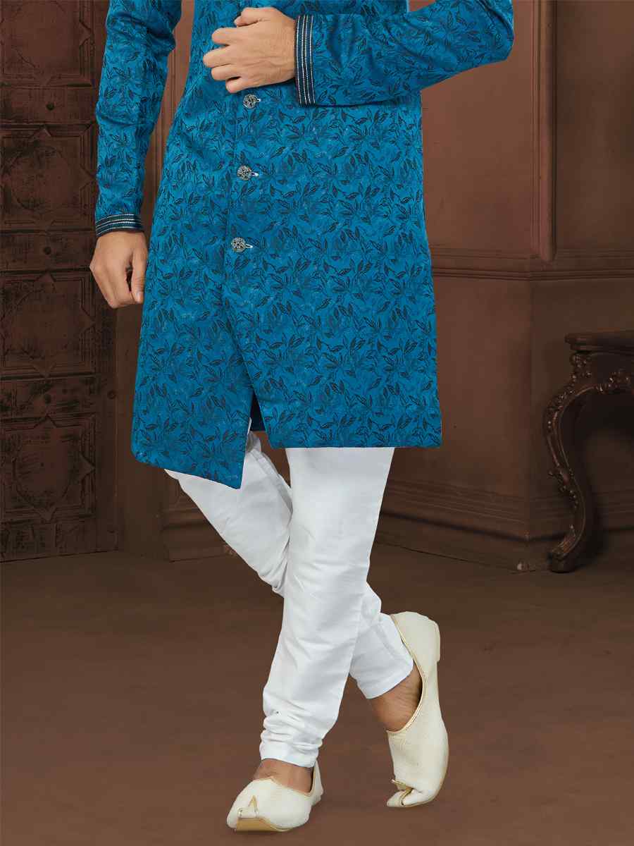 Blue Soft Jacquard Embroidered Wedding Groom Sherwani