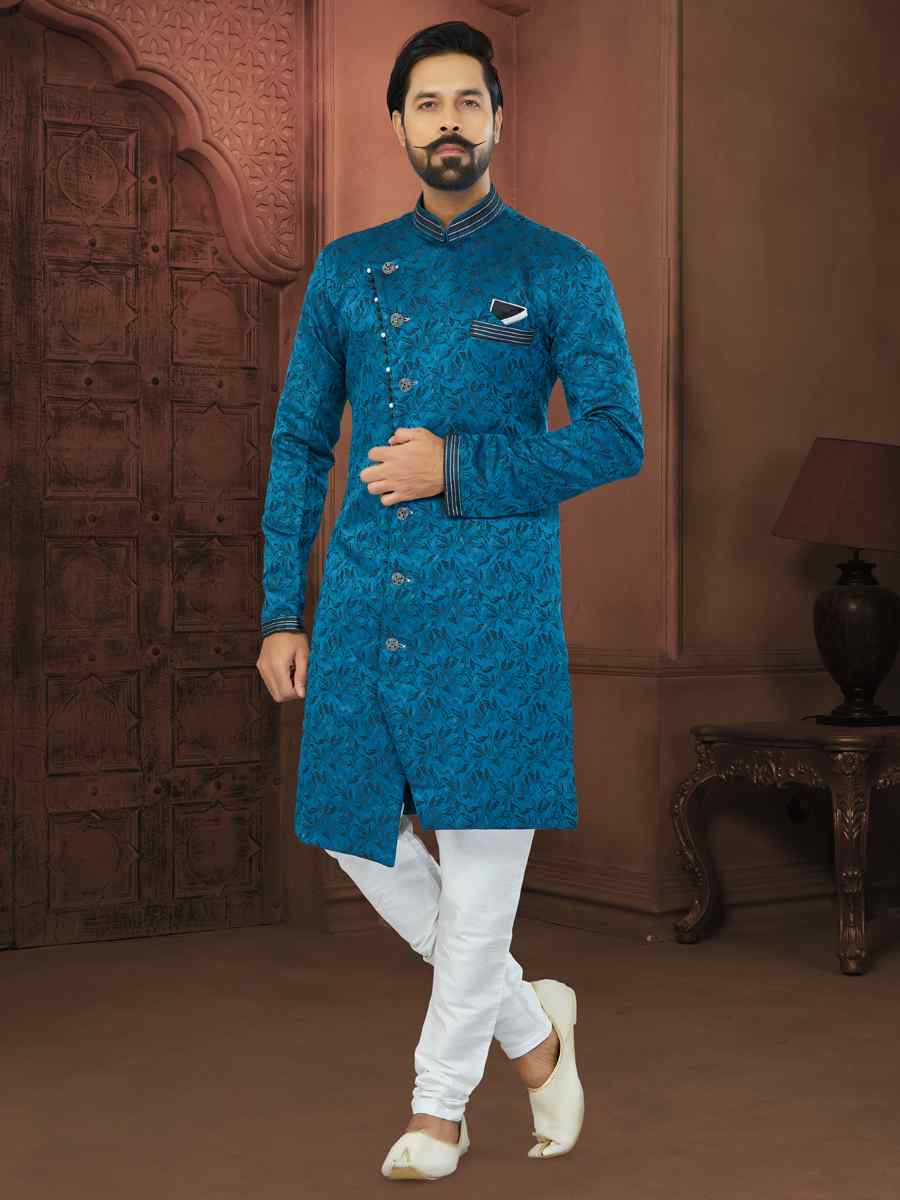 Blue Soft Jacquard Embroidered Wedding Groom Sherwani