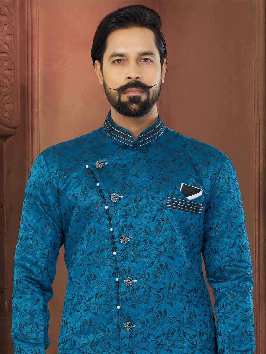 Blue Soft Jacquard Embroidered Wedding Groom Sherwani