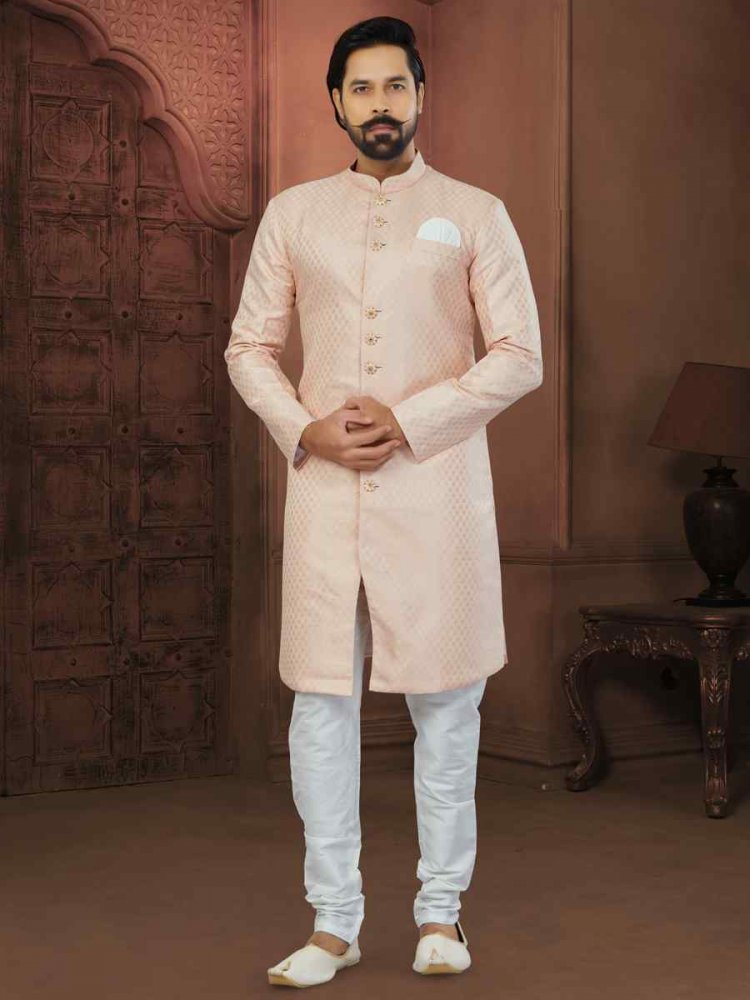 Peach Banarasi Jacquard Embroidered Wedding Groom Sherwani