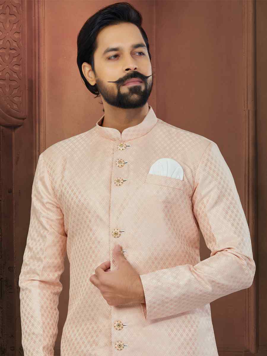 Peach Banarasi Jacquard Embroidered Wedding Groom Sherwani