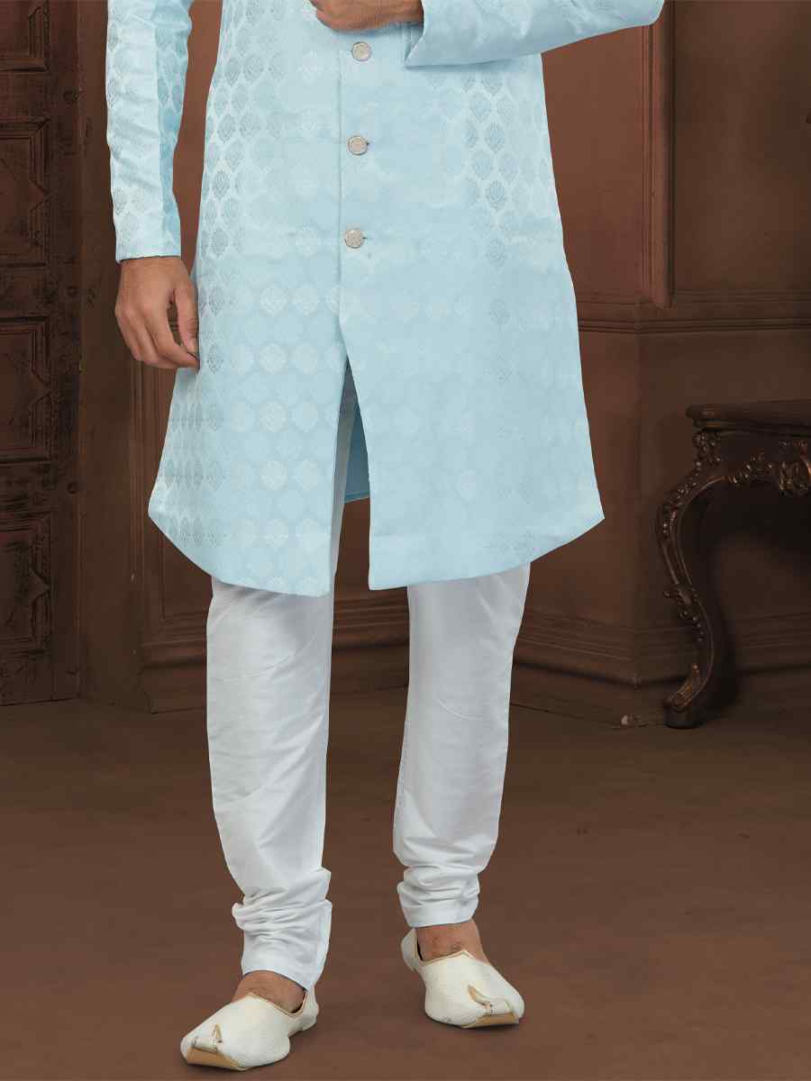 Sky Blue Soft Jacquard Embroidered Wedding Groom Sherwani