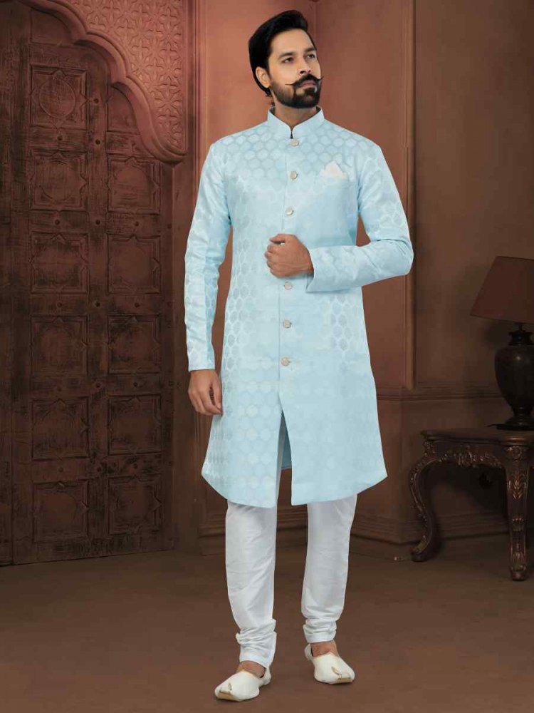 Sky Blue Soft Jacquard Embroidered Wedding Groom Sherwani
