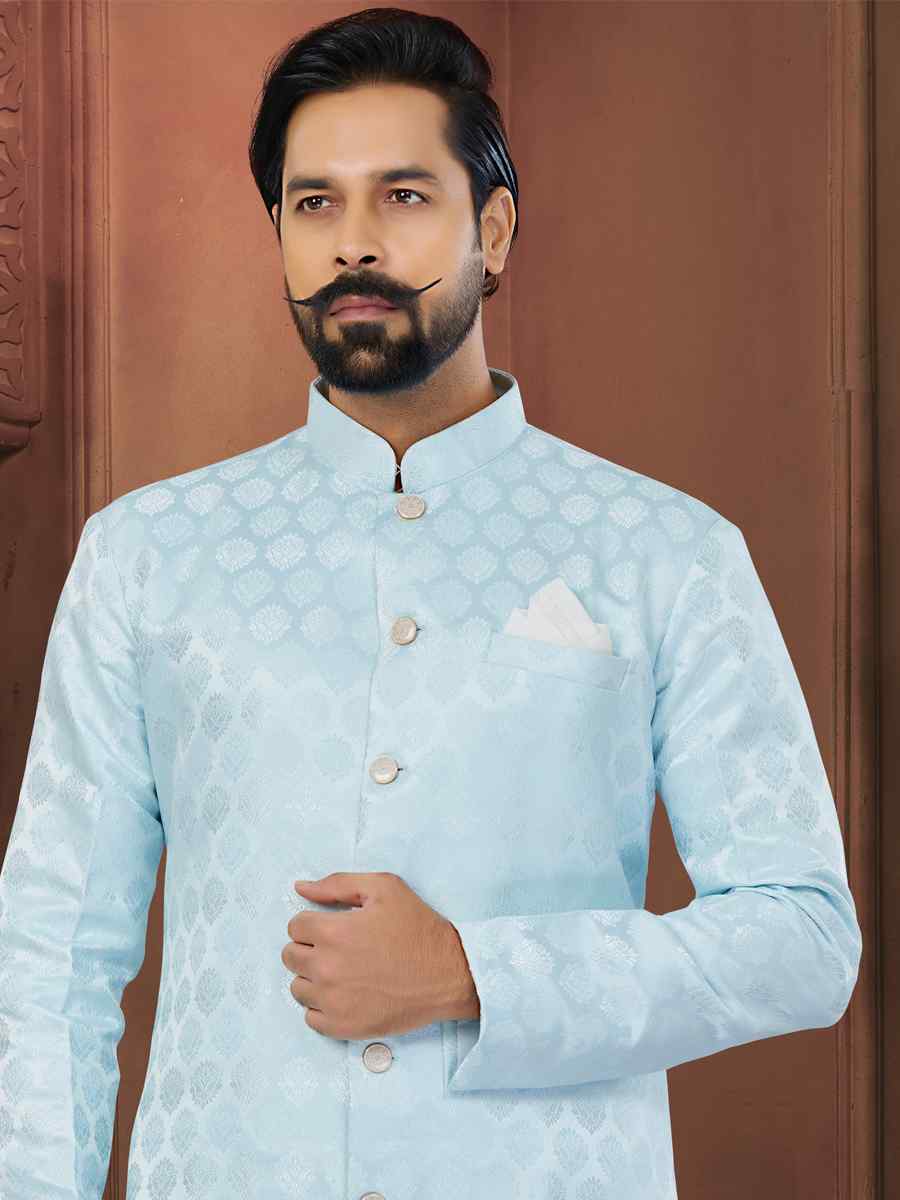 Sky Blue Soft Jacquard Embroidered Wedding Groom Sherwani