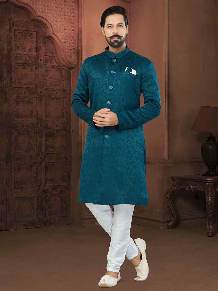 Royal Blue Soft Jacquard Embroidered Wedding Groom Sherwani