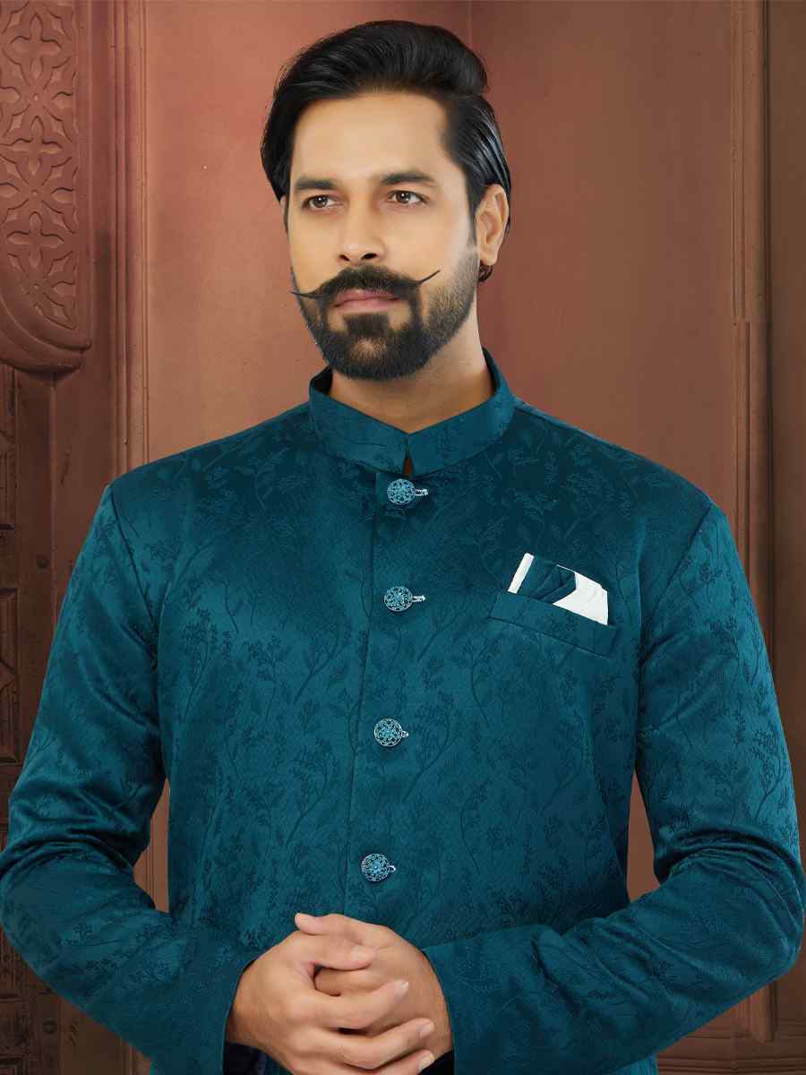 Royal Blue Soft Jacquard Embroidered Wedding Groom Sherwani