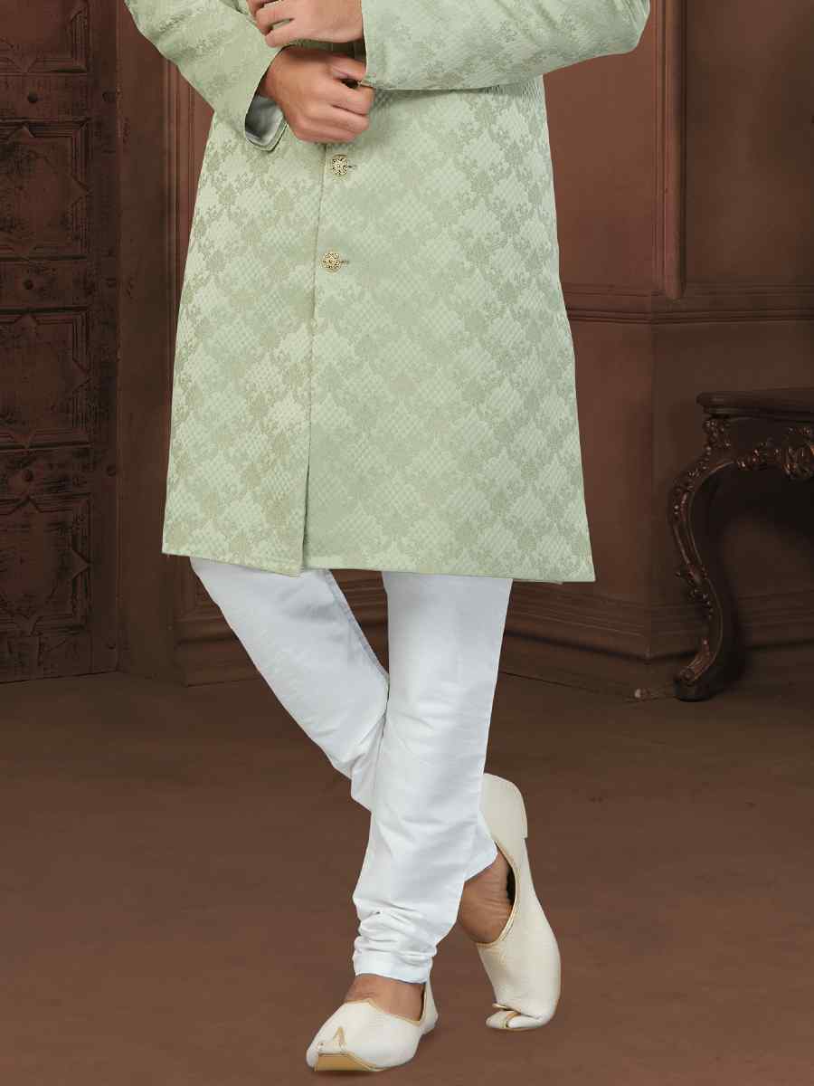 Pista Green Soft Jacquard Embroidered Wedding Groom Sherwani