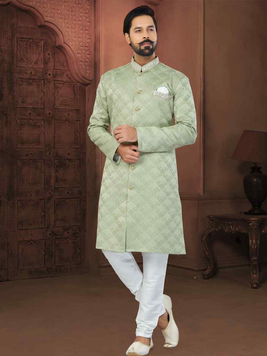 Pista Green Soft Jacquard Embroidered Wedding Groom Sherwani