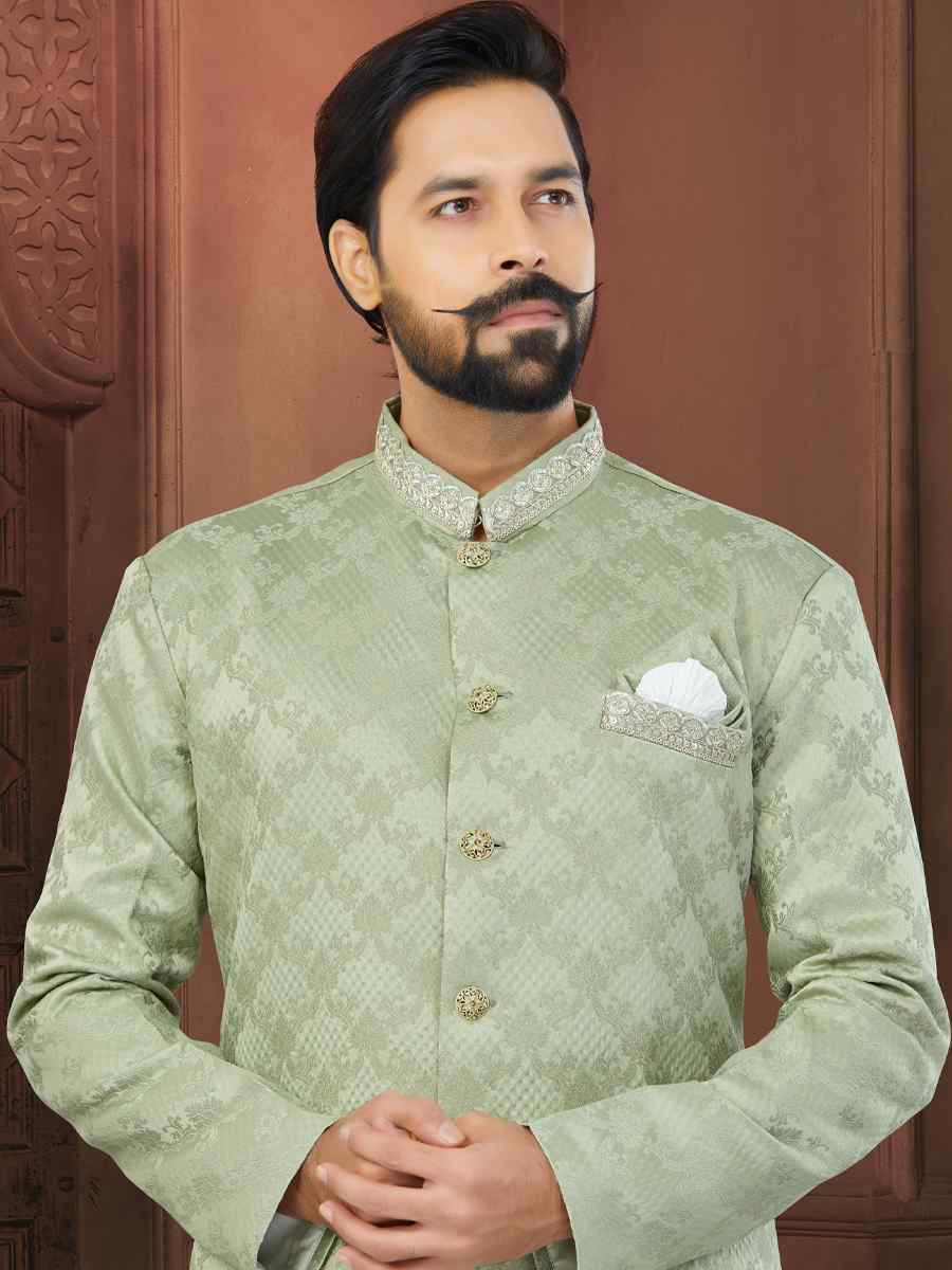 Pista Green Soft Jacquard Embroidered Wedding Groom Sherwani