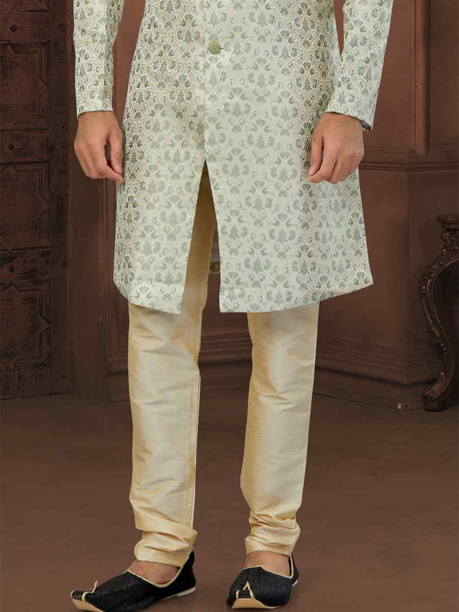 Cream Banarasi Jacquard Embroidered Wedding Groom Sherwani
