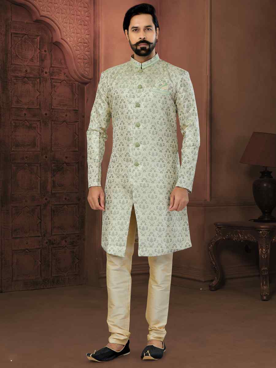 Cream Banarasi Jacquard Embroidered Wedding Groom Sherwani