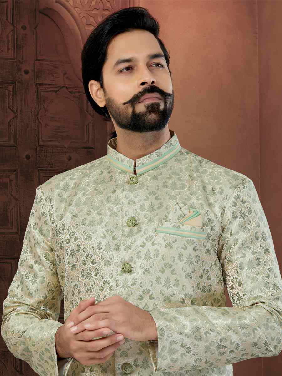 Cream Banarasi Jacquard Embroidered Wedding Groom Sherwani