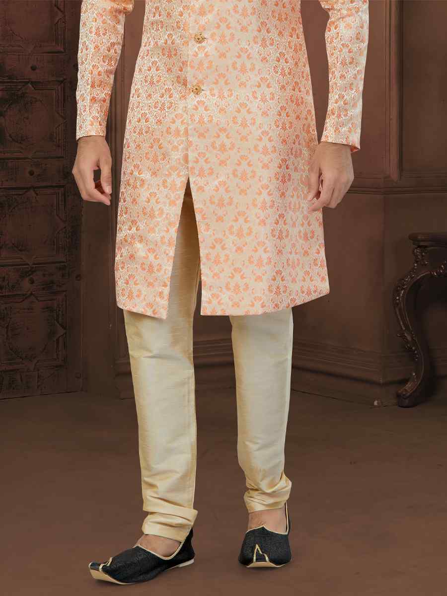 Orange Peach Banarasi Jacquard Embroidered Wedding Groom Sherwani