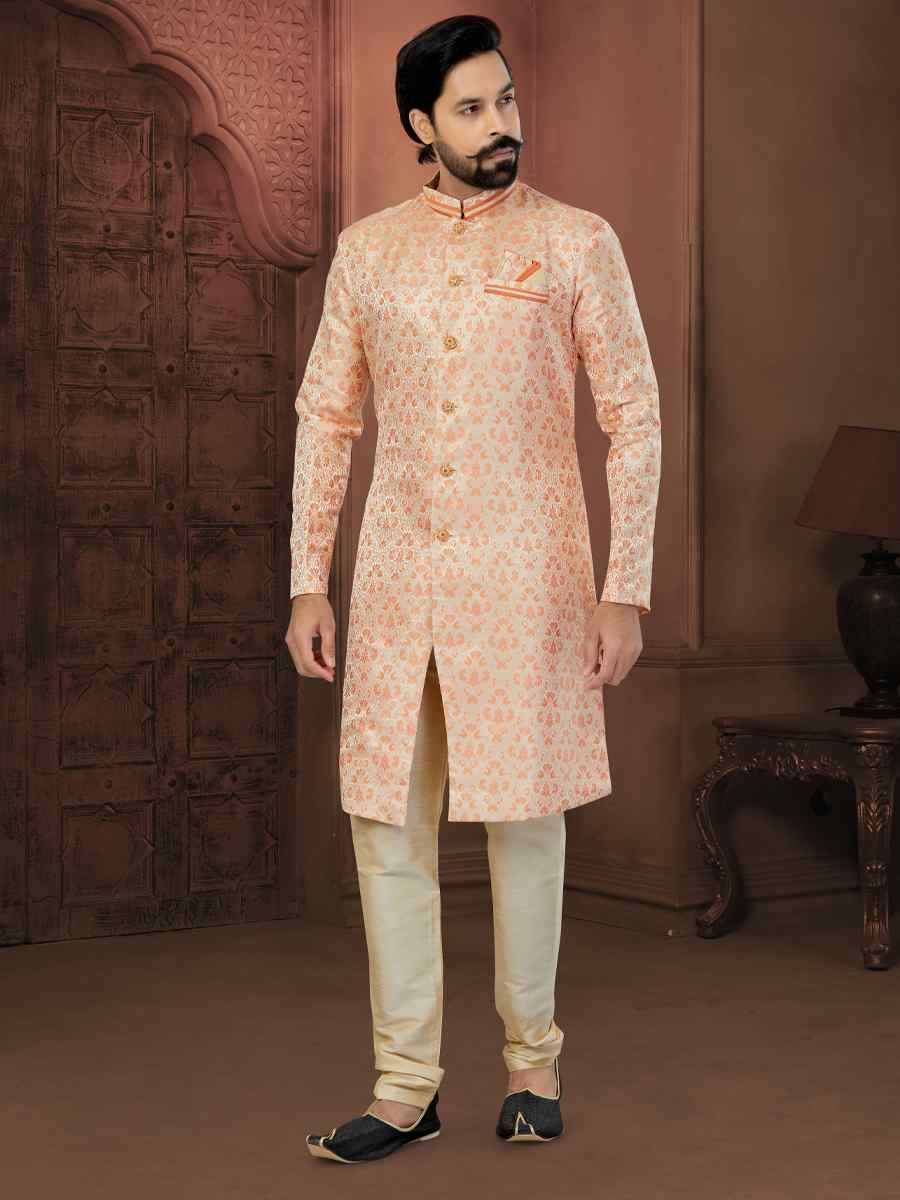 Orange Peach Banarasi Jacquard Embroidered Wedding Groom Sherwani