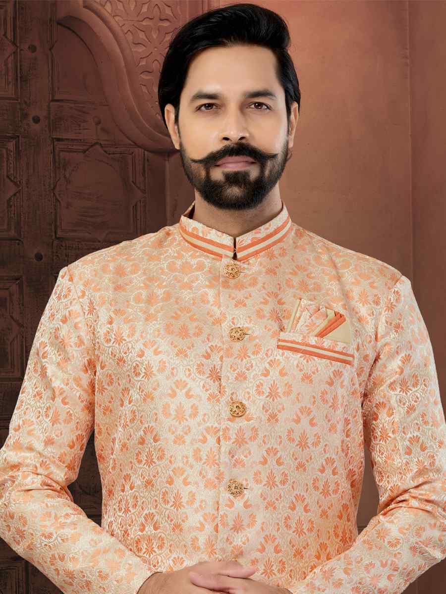 Orange Peach Banarasi Jacquard Embroidered Wedding Groom Sherwani