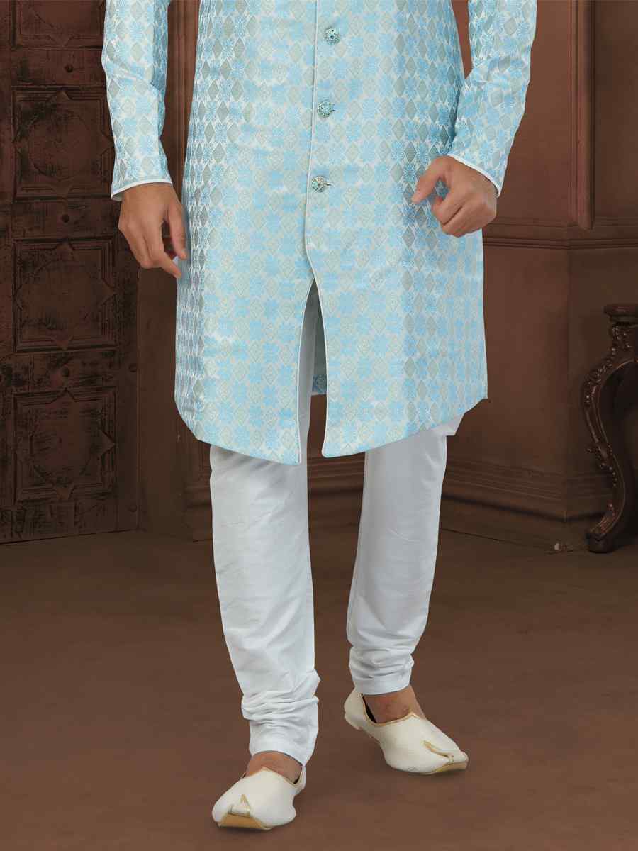 Firozi Banarasi Jacquard Embroidered Wedding Groom Sherwani