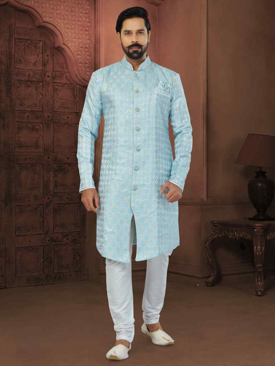 Firozi Banarasi Jacquard Embroidered Wedding Groom Sherwani